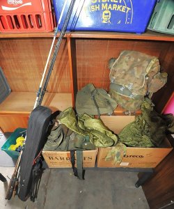 Lot 039 - Lot of Mixed Army Equipment & Fishing incl Slouch Hat, Backpacks,