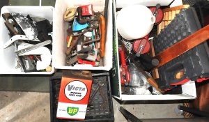 Lot 043 - 3 x Boxes of Vintage Tools & Hardware incl Box of Mixed Spanner,