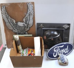 Lot 044 - Mixed lot inc Harley-Davidson & Ford wall ornaments, Ford adhesive