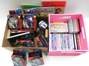 Lot 045 - Large kids group of 2 boxes inc DVDs, boxed Change Robot and other Tra