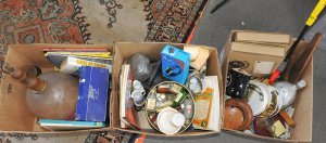 Lot 055 - 3 x Boxes mixed inc Light shade, Ceramics, Magazines, Lustre ware, Nor