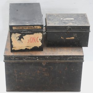 Lot 056 - 3 x Vintage Metal Trunks - varying sizes with some labels inc Sir Matt
