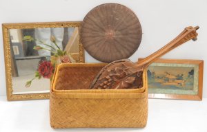 Lot 063 - Group lot Vintage inc Fire Bellows with carved Grape & Leaf patter
