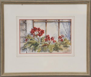 Lot 087 - Anthony A Prout (1946 - ) Framed Watercolour - Geraniums by the Window