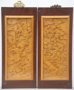 Lot 101 - Pair of Oriental Carved Wooden panels in frames - Approx 67cm H x 28 c