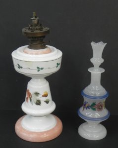 Lot 108 - 2 pces of Victorian white hand painted glass inc opaque decanter (smal