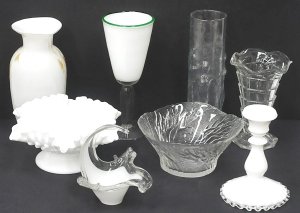 Lot 114 - Group lot Clear & White glass inc Libbey La Femme Vase with raised