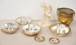 Lot 115 - Group lot - Signed AF Marble Sculpture, Brass twin Handled Jardinire w