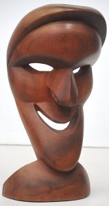 Lot 125 - Carved Stained Teak Mask Sculpture - Grinning Man - Freestanding 34cm