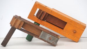 Lot 130 - 2 Vintage wooden Ratchet Noisemakers Larger marked TM 42 111 32cm L