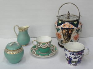 Lot 143 - Group lot Victorian hand painted China inc Biscuit Barrell with EPNS h