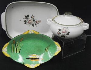 Lot 144 - 3 pces English Ceramics inc Burleigh Ware Art Deco Oval Plate - Hand p