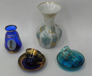 Lot 170 - Group lot Victorian Glass - inc Hand painted Cobalt Cup & Saucer w