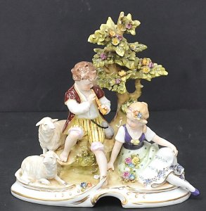 Lot 184 - c1900 Meissen style figure - Boy serenading Girl with flute & two