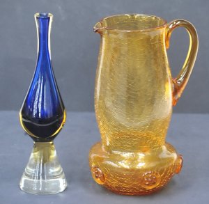 Lot 189 - 1970s Amber crackle glass jug w applied 6 dot rondels, blue and amber