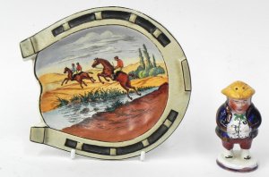 Lot 194 - 2 pces inc c1800s Ceramic Staffordshire figural pepper pot - muffineer