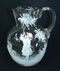 Lot 199 - Victorian Mary Gregory jug - hand blown with dimpled body and hand pai