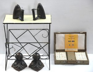 Group lot - MCM Thin Metal Magazine Rack, boxed Mah Jong set, 2 old Flat Irons &