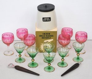 Group lot Barware inc Set of 6 Green & Gilt stemmed glasses, Set 6 Cranberry