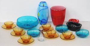 Group lot Coloured glass inc Blue Vase with Yellow & White freeform spots 24