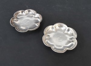 Pair small vintage Chinese White Metal 6 Lobed Footed Petal Bowls - character ma