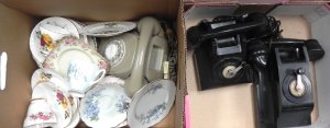 Lot 013 - 2 x Boxes of Vintage Telephones and China inc, Bakelite extension wall