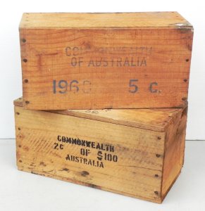 Lot 018 - 2 x c1968 Commonwealth of Australian wooden coin crates 5 cents &