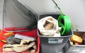 Lot 022 - Group Lot of Vintage Fishing Gear inc, large quantity of tackle, net,