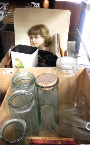 Lot 026 - 2 x Boxes Mixed Vintage inc Bottles, Glass Jars, EPNS, Wooden Glove st
