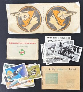 Lot 030 - Grp ephemera incl Unused post WW2 motorcycle ration book, pair Mr Mer