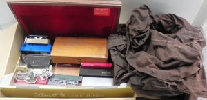 Lot 040 - Box Lot of Assorted item inc, Driza Bone Riding Coat size 3XL, wooden