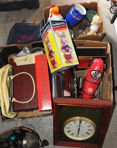 Lot 042 - Group Lot of Mixed Items incl Boxed Duracell Drumming Bunny, Clocks, T
