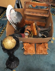 Lot 043 - Box Lot Mixed in Cast Iron tri footed shoe last, Books, Ice Bucket, Ta