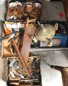 Lot 049 - 4 x Boxes of Vintage Tools & Hardware incl Hand Saws, Power Drill,
