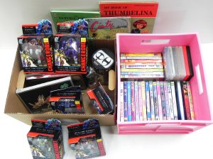 Lot 050 - 2 x boxes Kids Toys & items inc DVDs, boxed Change Robots Action f