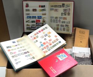 Lot 057 - 3 x Boxes inc 2 Boxes Philatelic 1 x Ephemera - Stamp Albums mostly i