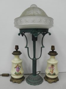 Lot 058 - Group lot - Vintage Lamps - Metal w Verdigris Finish & Frosted Gla