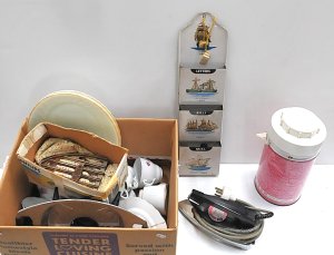 Lot 071 - Box lot mixed inc Vintage Phillips Iron HD1120, Iron metal trivet, Wal