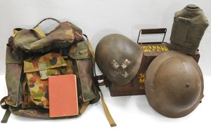 Lot 084 - Lot of Vintage military Equipment & Items incl M1 Amry Helmet Inse