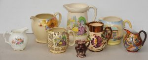 Lot 090 - 8 x Vintage China Jugs with assorted decoration inc, Falcon Ware Crino