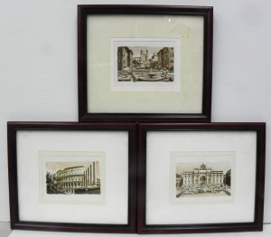 Lot 091 - Artist Unknown - set of 3 x framed Watercolours of Classical Italian S