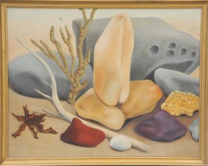 Lot 094 - Jan Vincent (1935 - ) Gilt Framed Oil Painting - A Beachcombers Still
