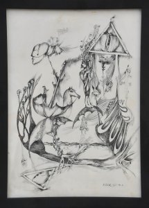 Lot 100 - David Tzur (Hungarian, 1930 - 2019) Framed 1974 Ink Drawing - Surreali