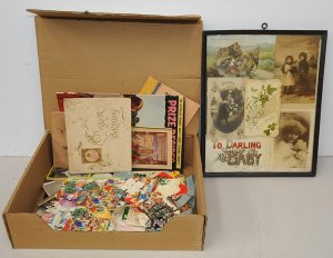 Lot 102 - Box Lot Vintage Ephemera inc, Victorian Scraps, framed greeting post