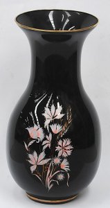 Lot 106 - Large Italian Black Glass Vase with pink enamel painted floral decorat