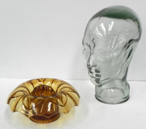 Lot 111 - 2 pces Glass inc Glass Mannequin Head 30cm H & Davidson Amber Ros
