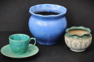 Lot 127 - 3 x Vintage English Pottery Items inc, CH Brannam blue glazed Jardinir