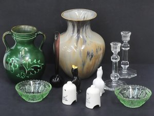Lot 128 - Group Lot of studio pottery, crystal and glass inc, Swedish twin handl