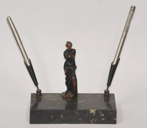 Lot 145 - Vintage Desk Stand , marble base, Bakelite pen holders, bronze patinat