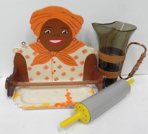 Lot 150 - Group Lot of Retro Items inc, wooden hand painted Mammy wall paper tow
